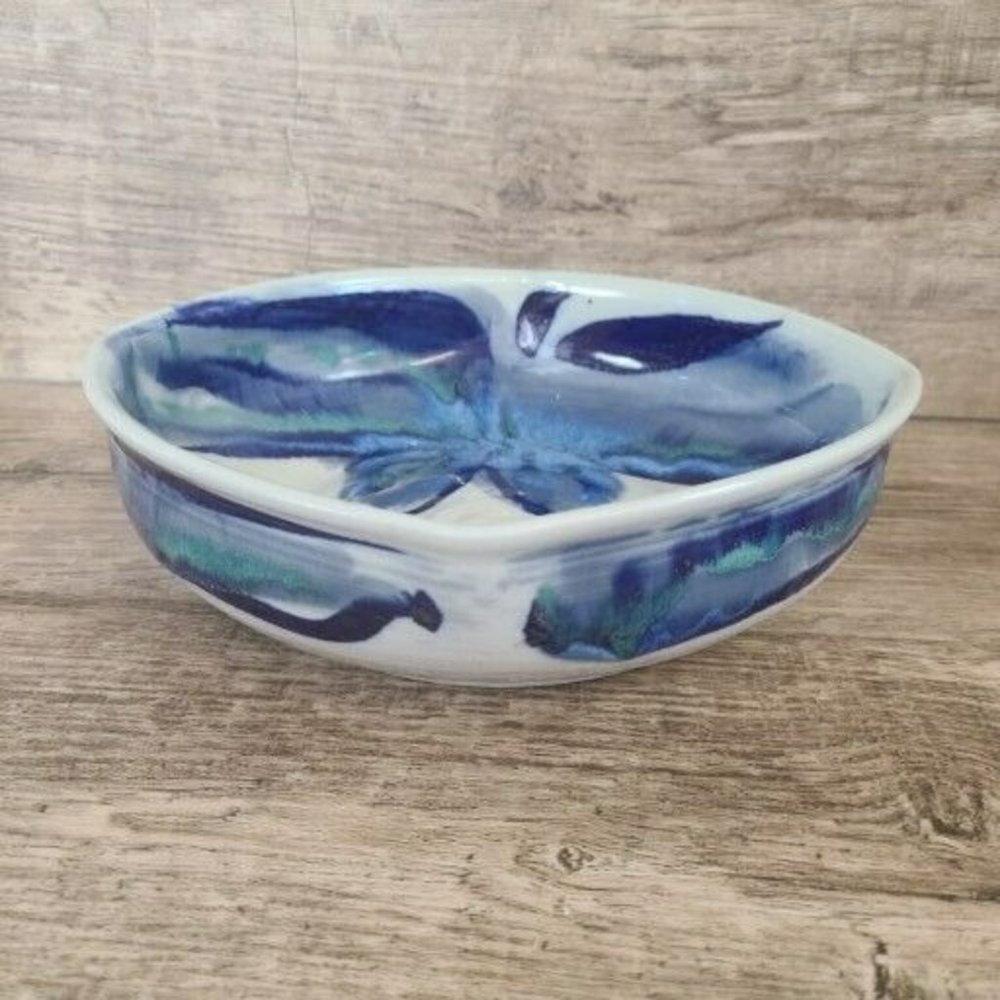 Studio Hand Made Artisan Signed Pottery Rounded Square Bowl Blue Butterfly Glaze - Picture 5 of 12